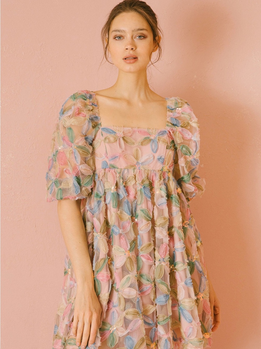 STORIA Pink Multi-Color Puff-Sleeve Floral Appliqué Babydoll Dress Medium NWOT